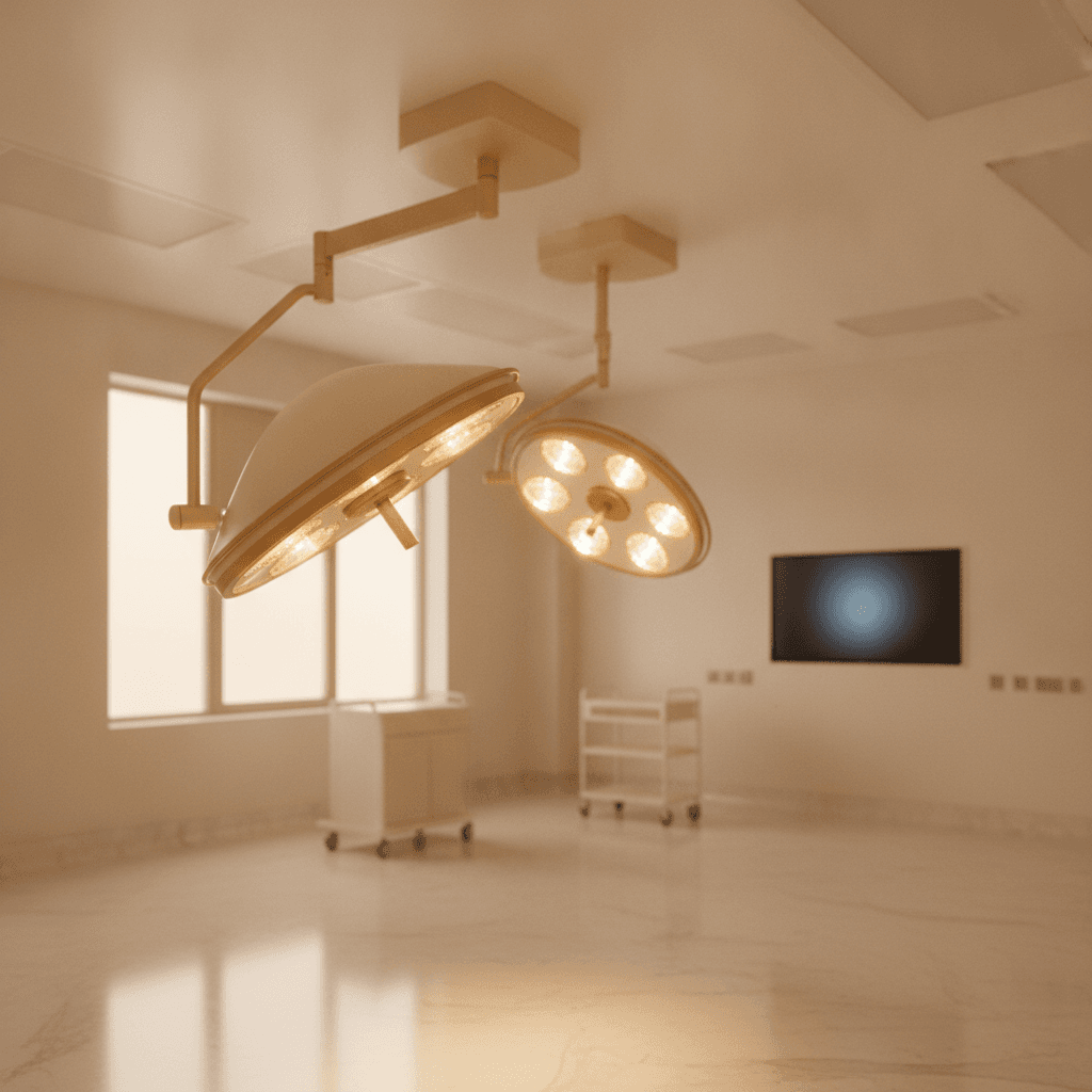Overhead surgical light fixture glowing in a quiet empty operating room