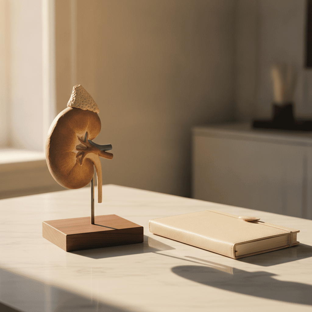 Anatomical teaching model of the kidney and adrenal gland on a walnut stand