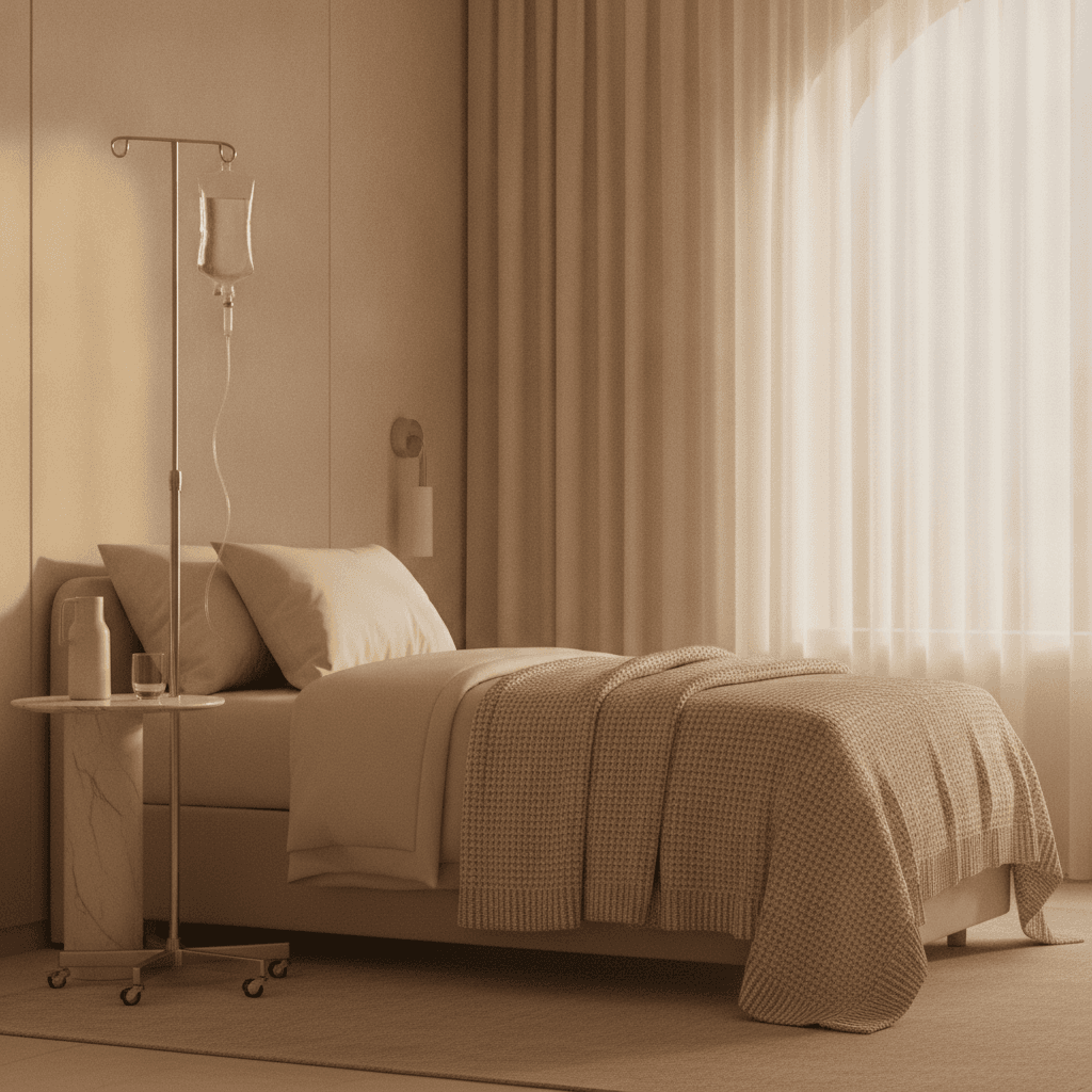 Calm recovery bay with neatly folded blanket and an IV stand in morning light