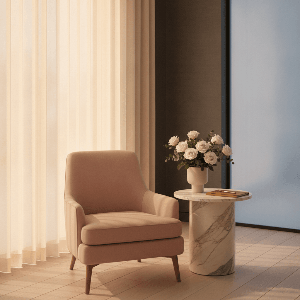 Calm consultation room with an upholstered chair, marble table and fresh white blooms in warm light