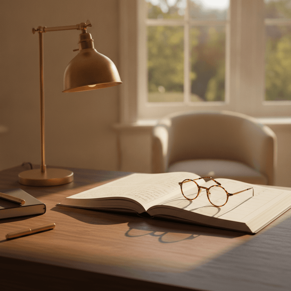 Consultation desk with an open appointment book and reading glasses in warm morning light