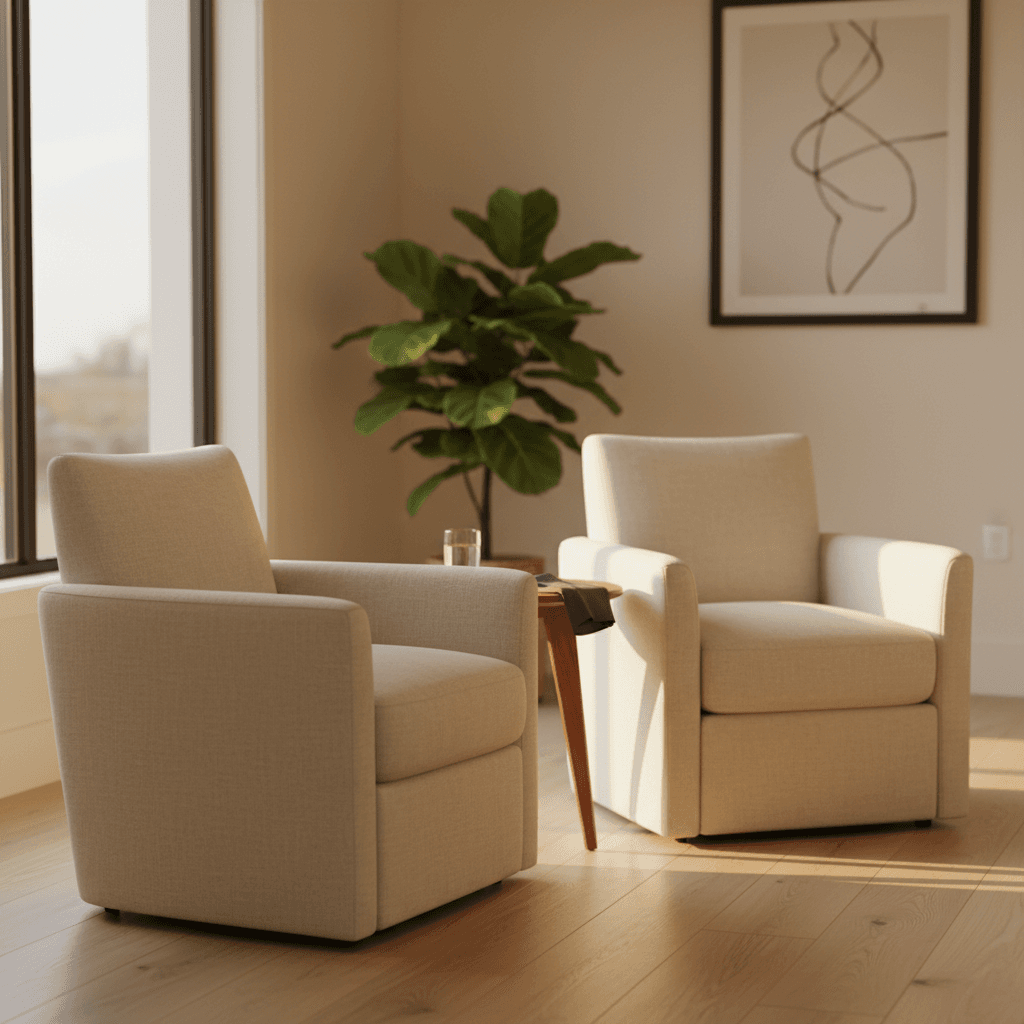 A calm, sunlit consultation corner with two upholstered chairs angled toward each other by a window