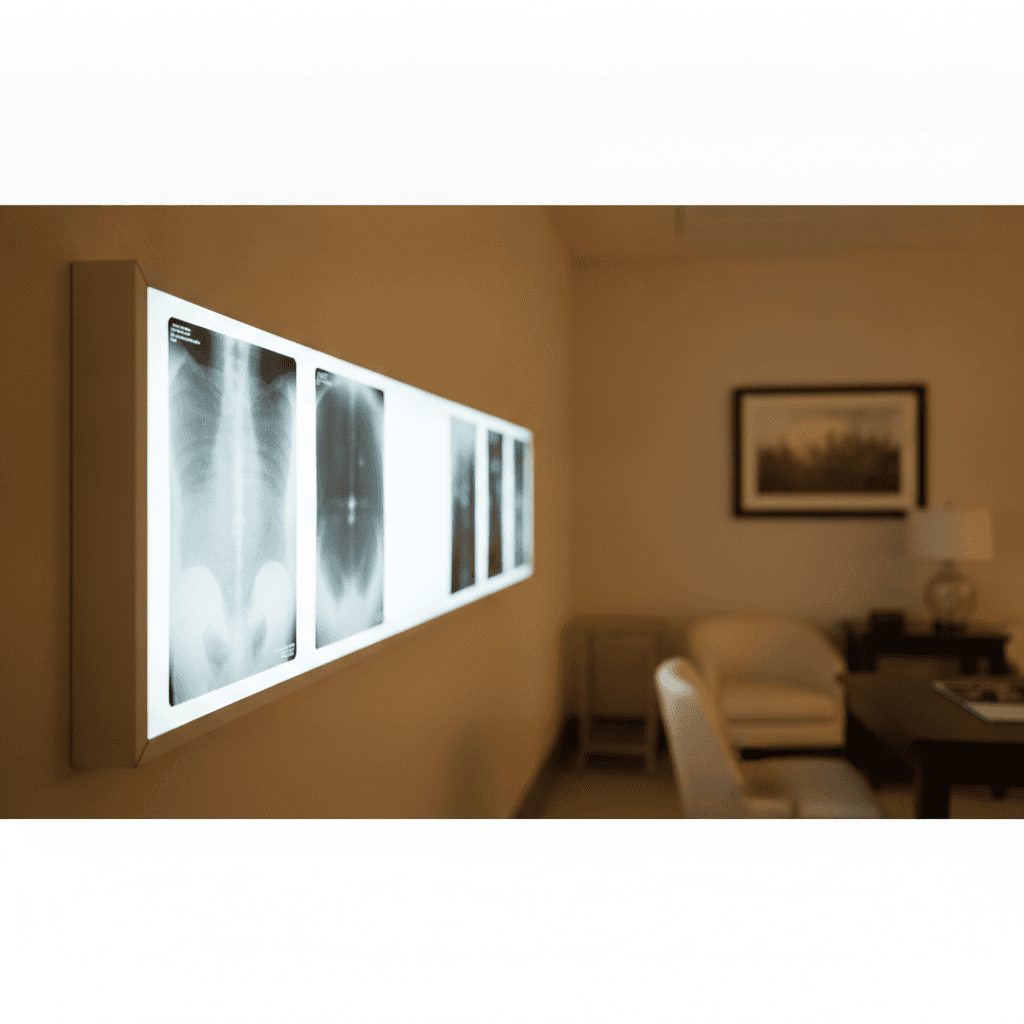 Backlit imaging films clipped to a viewing panel in a dim reading room