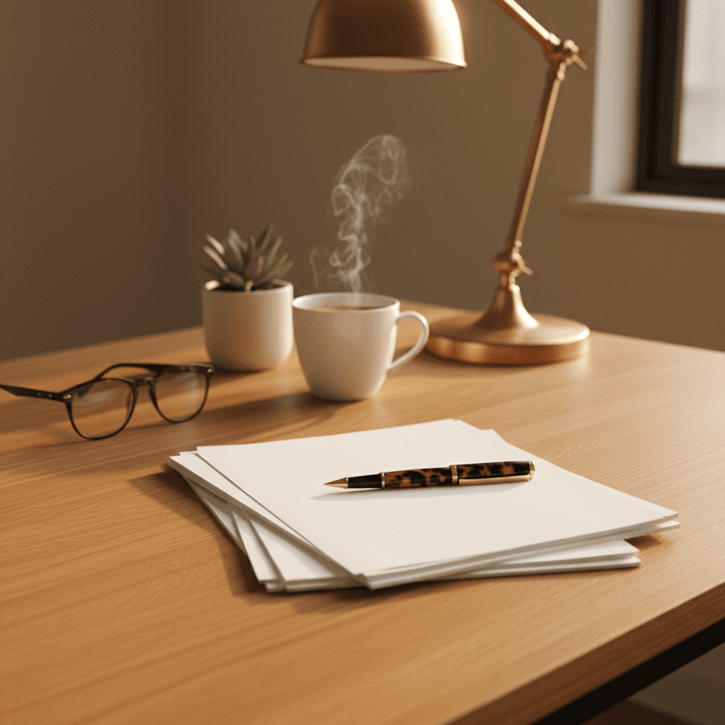 Tidy wooden desk with blank papers, a pen, and a coffee mug in warm morning light