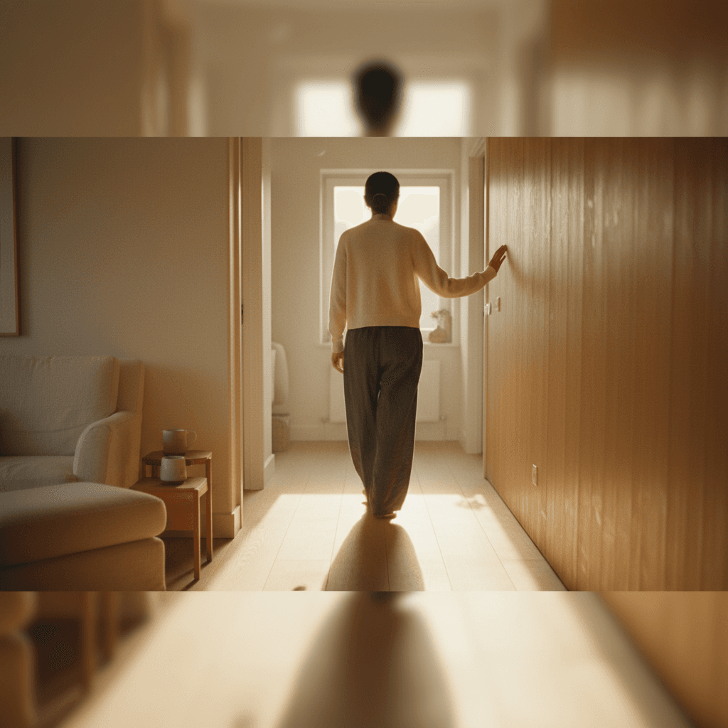 Person walking through a sunlit home hallway during early recovery, seen from behind