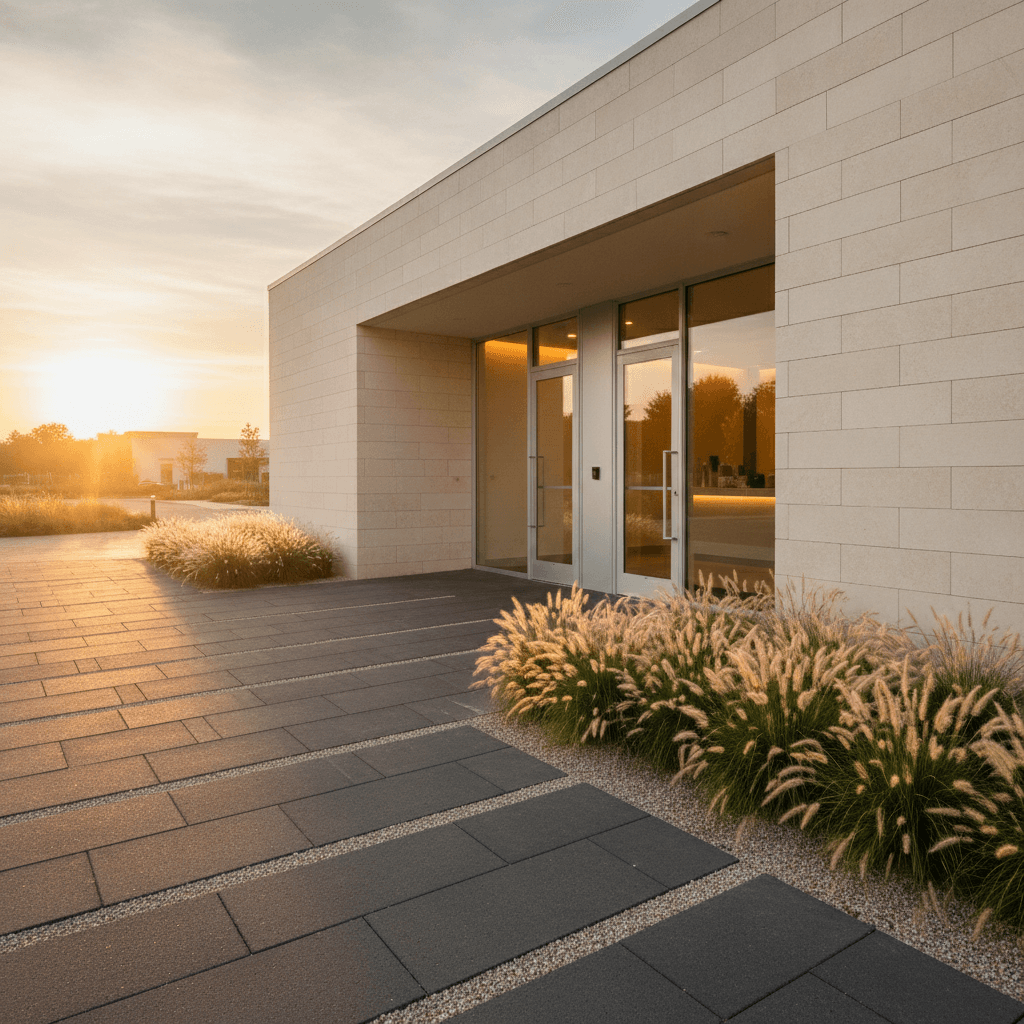 Modern clinic entrance with glass doors and landscaping at golden hour