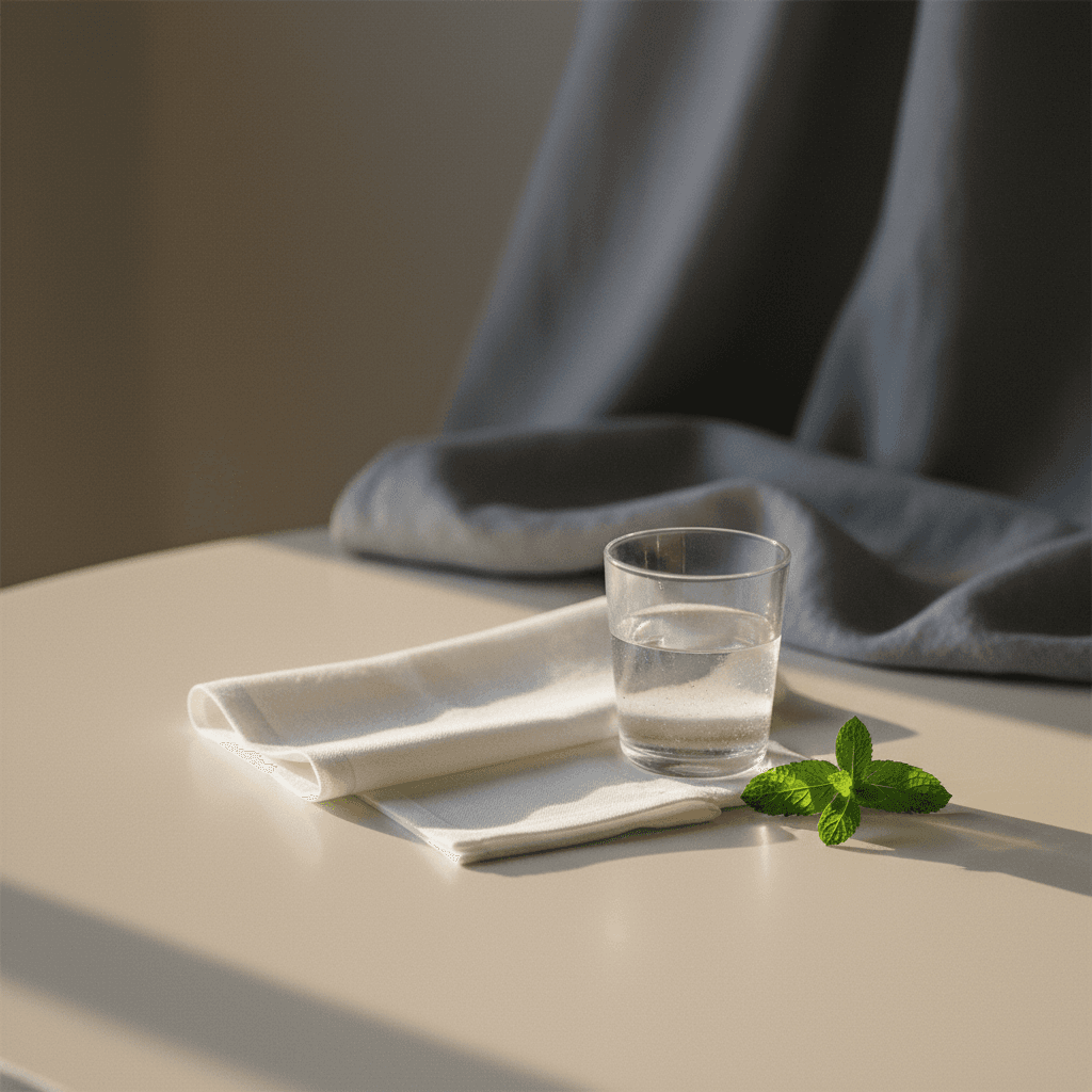 A folded white linen napkin and a small glass of water on a calm cream tabletop in soft morning light