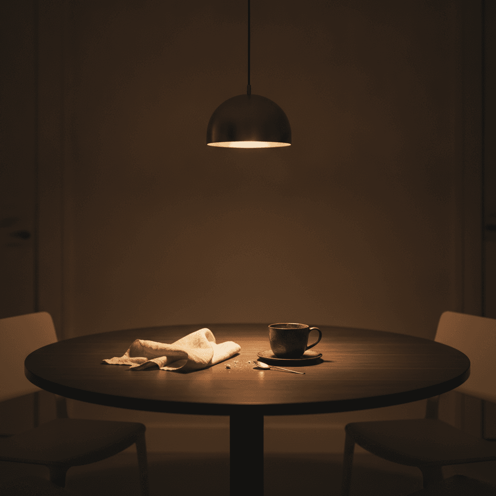 Cleared dining table late at night under a single warm pendant lamp