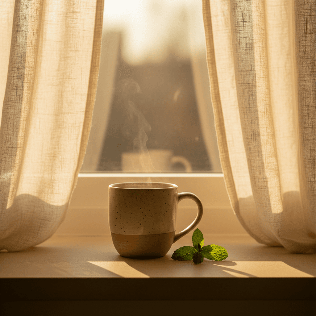 A steaming ceramic mug of herbal tea on a sunlit windowsill in warm morning light