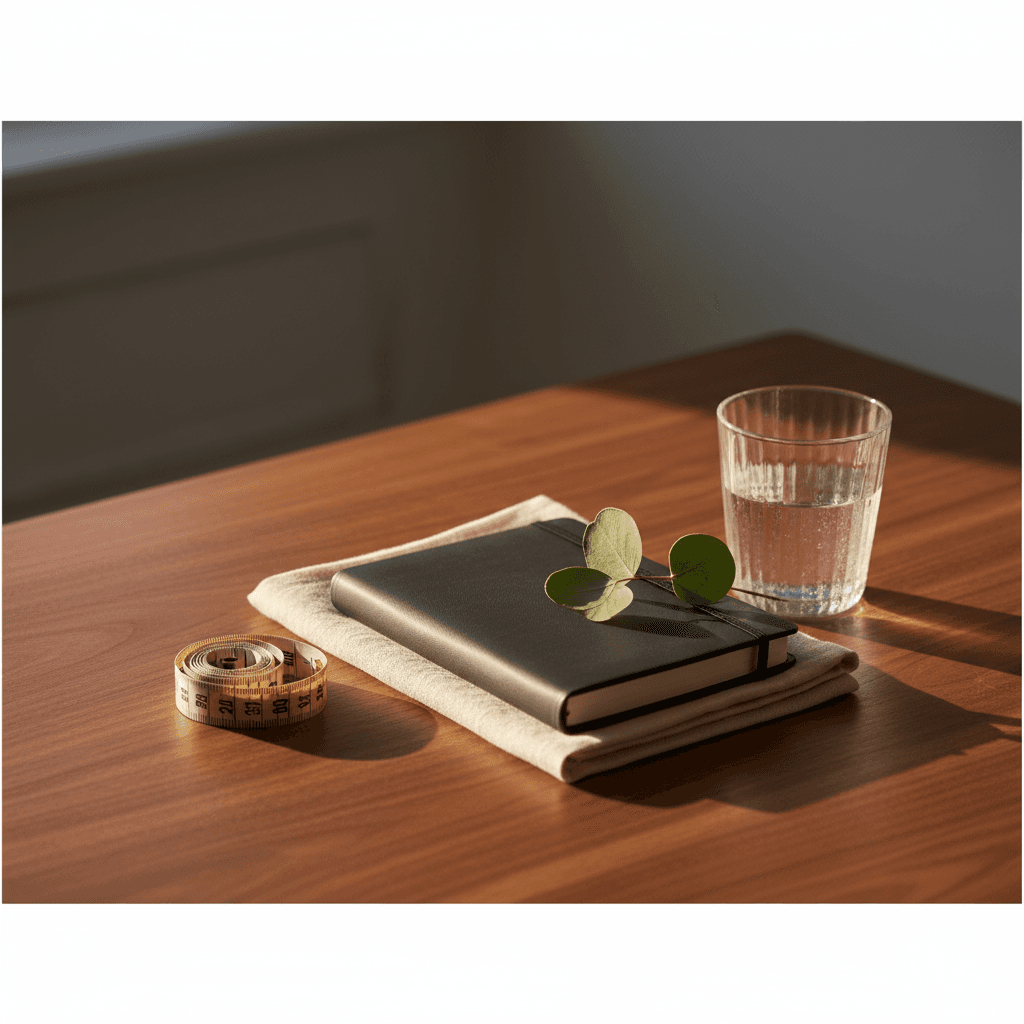 A calm still life of folded linen, a brass tape measure, and a glass of water on a warm wooden surface in soft morning light.