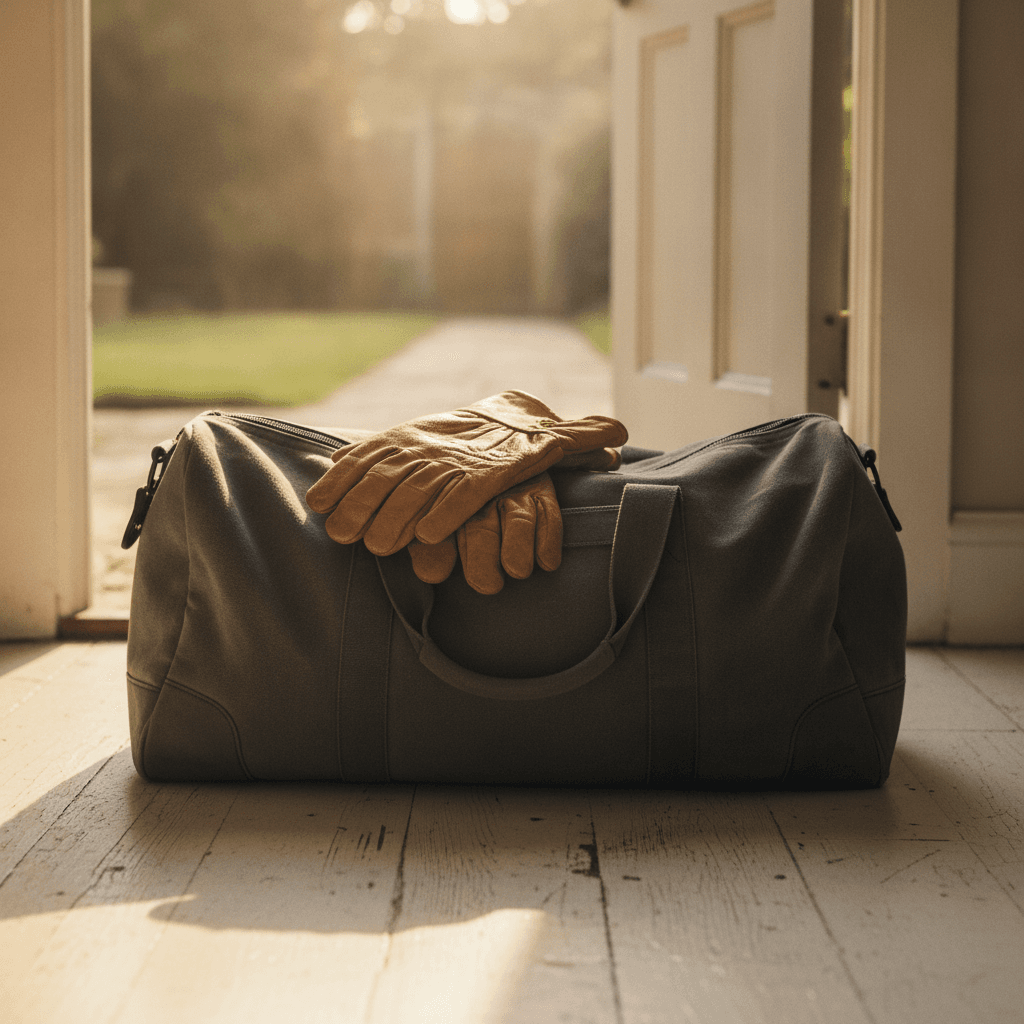 Worn leather work gloves and a canvas duffel resting by a doorway in morning light
