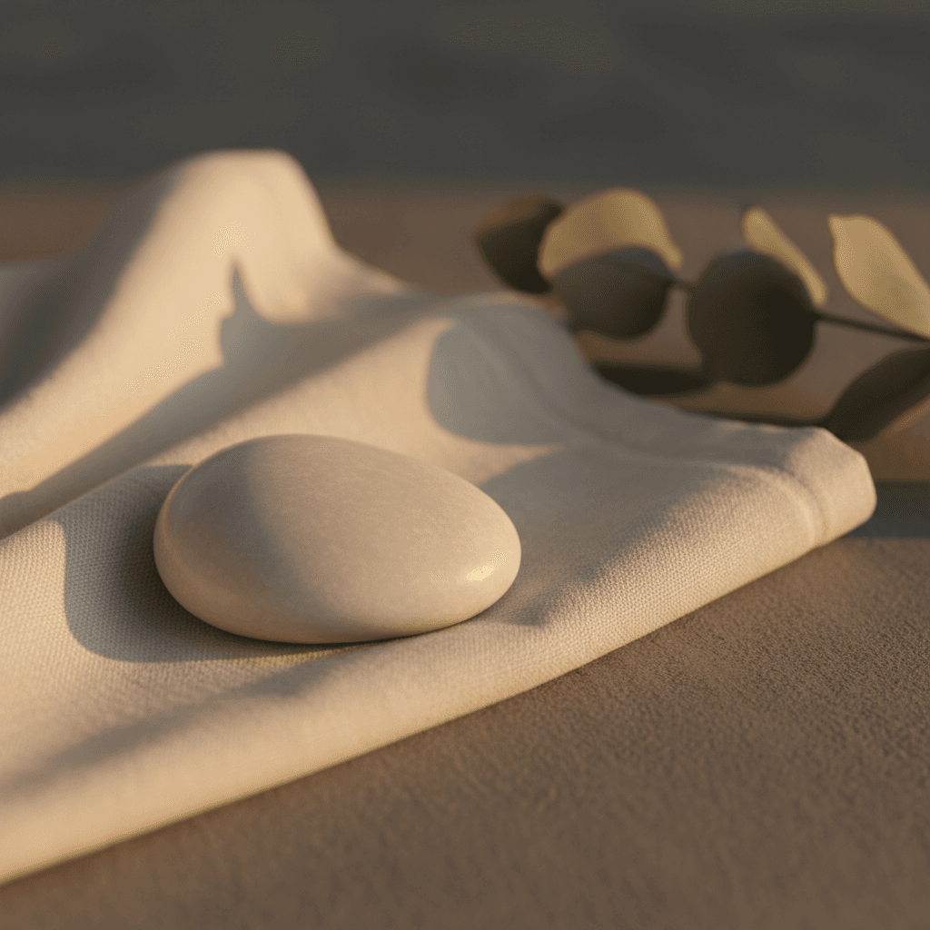 A smooth river stone resting on soft folded linen in warm natural light, evoking calm and a gentle soft form