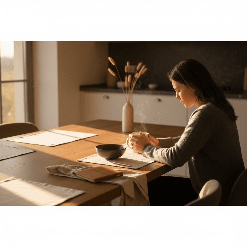 Warm domestic morning scene with soft light, evoking the fatigue and recovery of energy in parathyroid disease