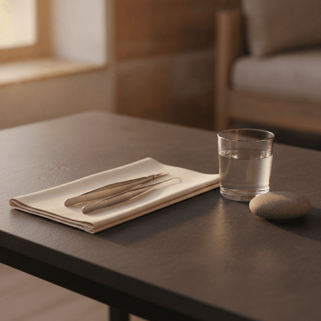 Minimalist still life of polished surgical instruments arranged on cream linen in warm natural light