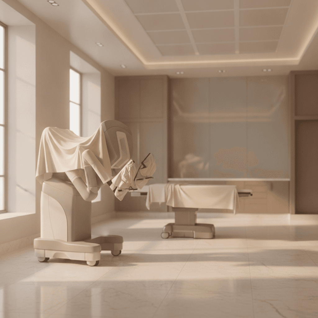 Robotic surgical system standing draped in a quiet operating room