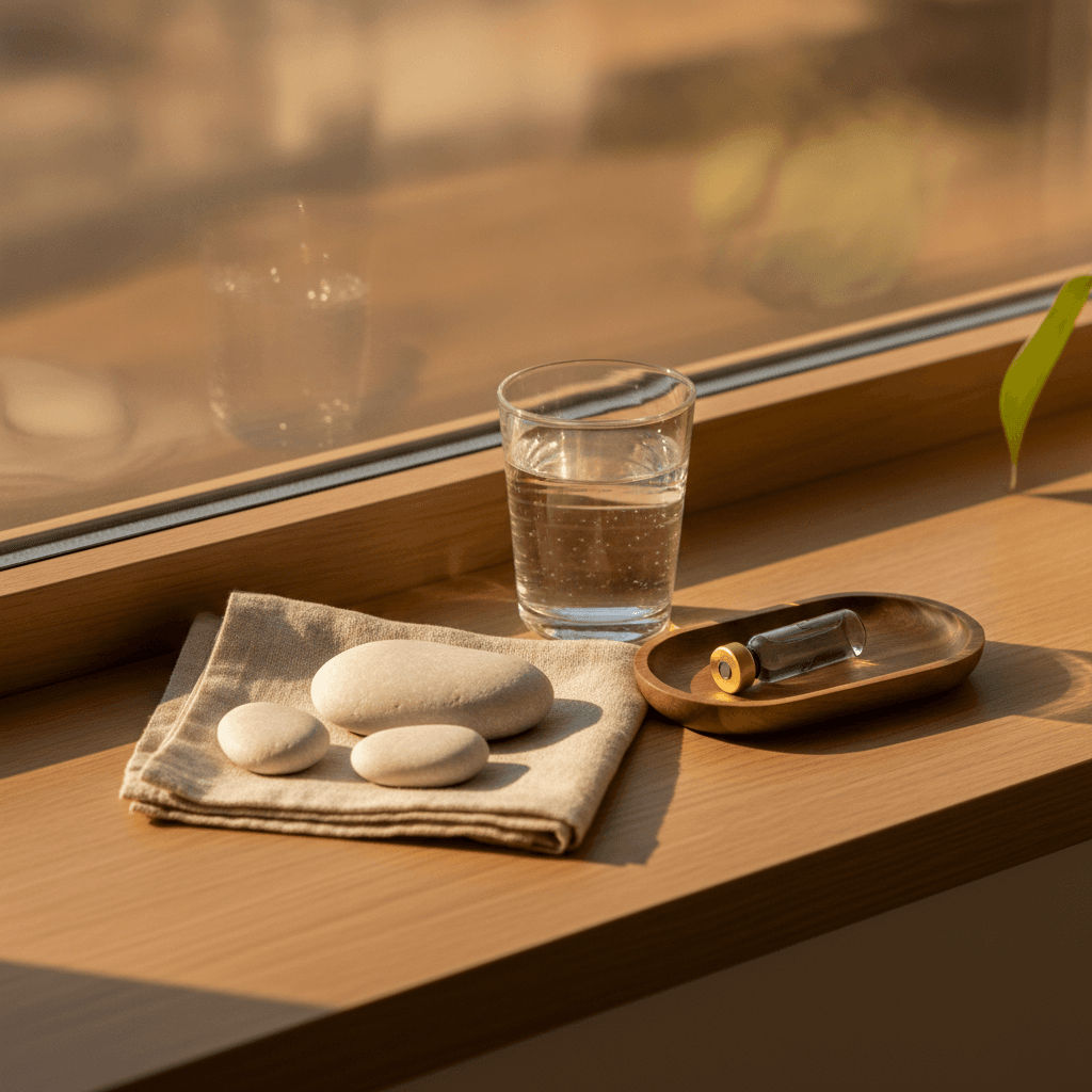 A sunlit windowsill with a smooth river stone, a glass of water, and a folded linen napkin on pale oak