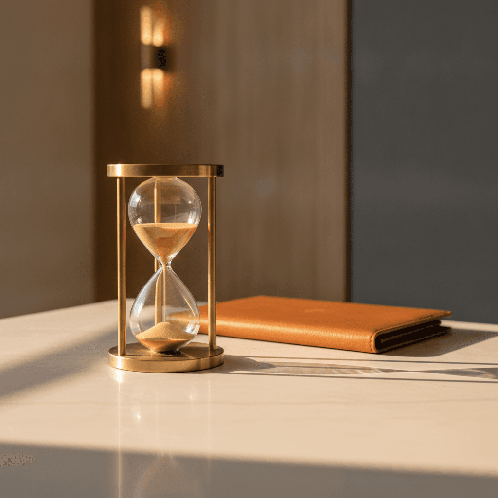 Brass hourglass on a marble desk with sand mid-fall in raking light