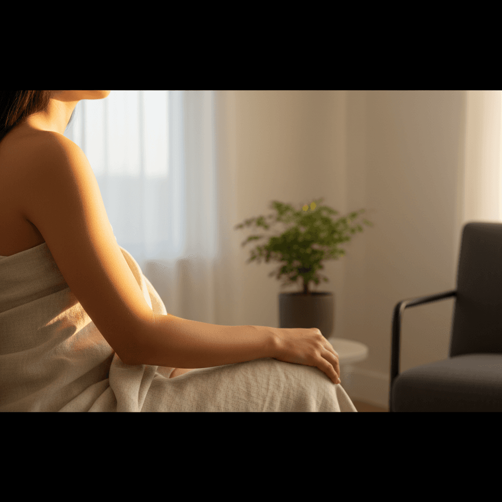 Warm golden sunlight falling across a person's shoulder and arm near a window, evoking skin health and healing