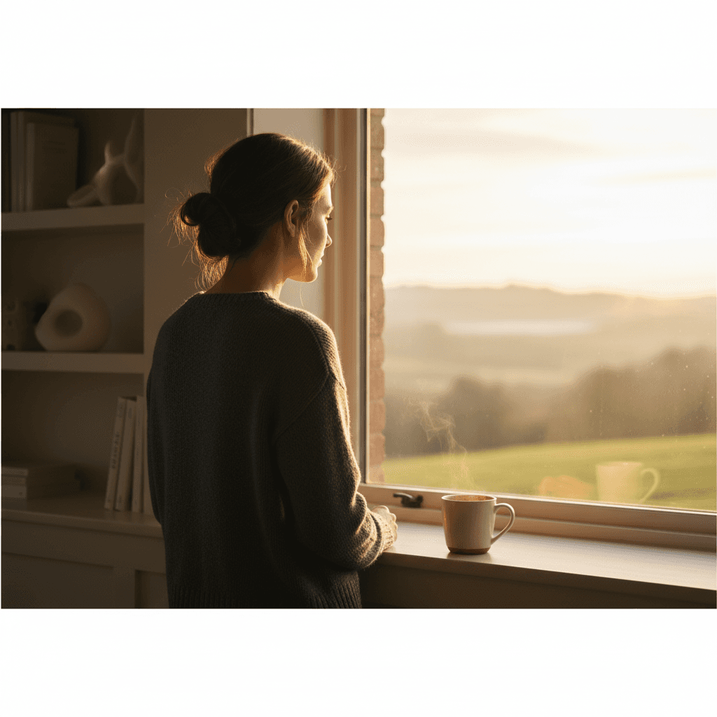 Soft morning light on a person's neck and shoulders from behind, evoking thyroid and neck wellness
