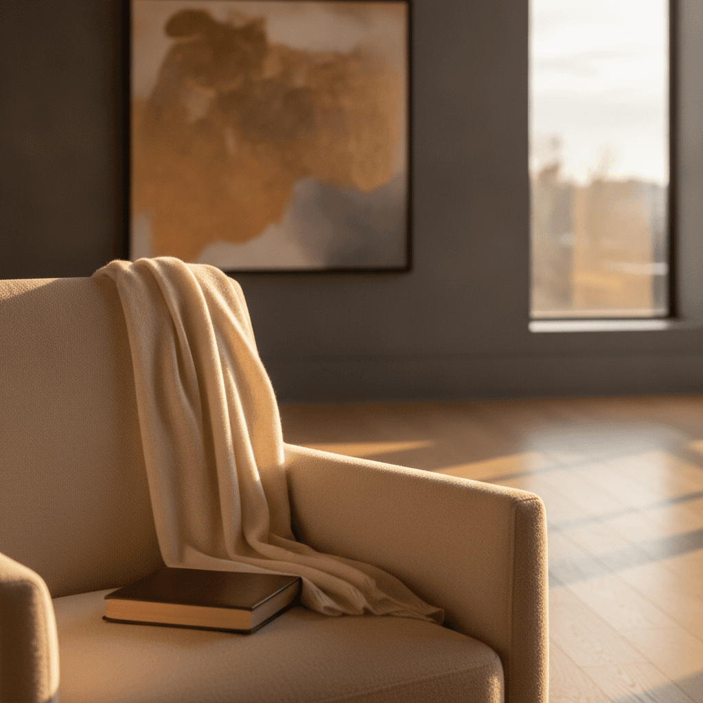 Softly folded cashmere scarf draped over an upholstered chair in warm light