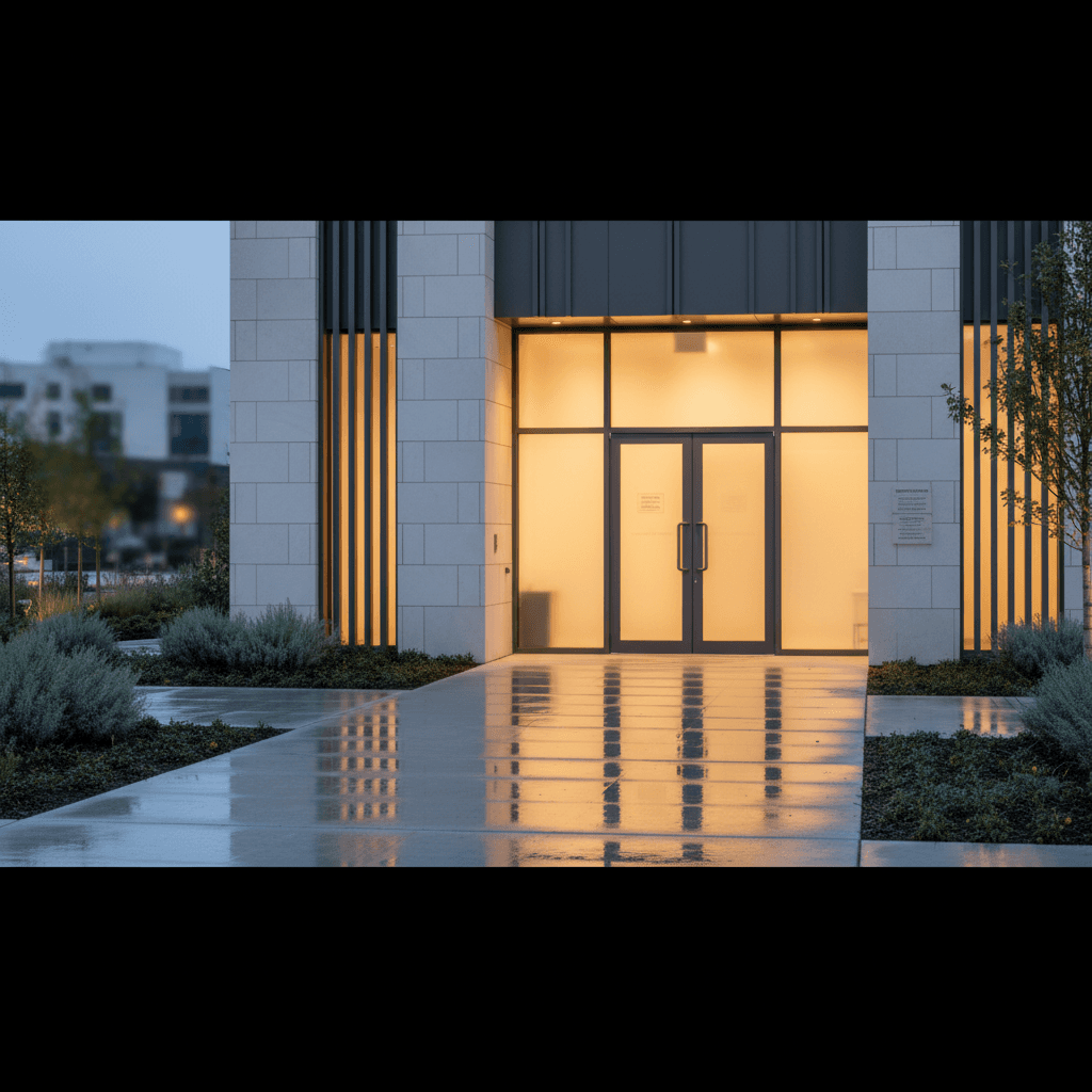 Quiet emergency entrance at dusk with warm light spilling out, evoking timely urgent care