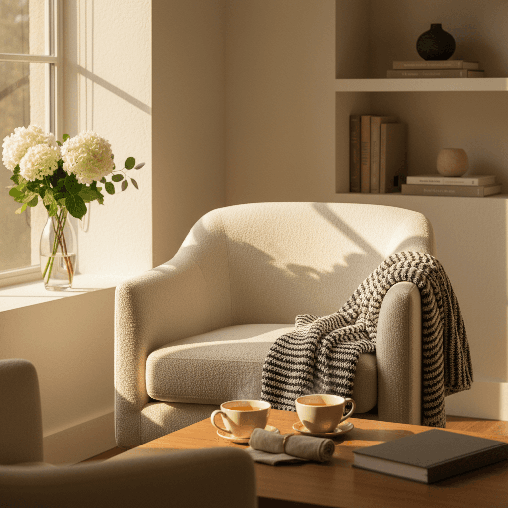 Warm sunlit consultation room with two cups of tea and a soft chair, evoking a calm breast health conversation