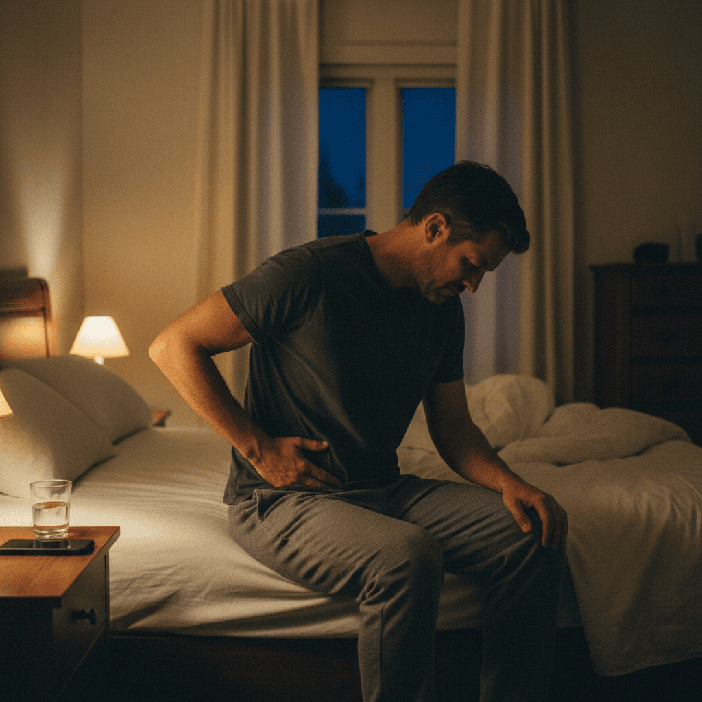 Man awake at night sitting on the edge of a bed in a dimly lit bedroom