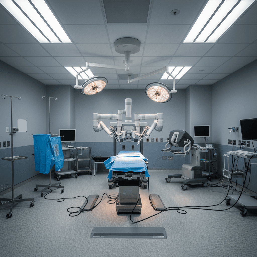 Da Vinci robotic surgical system in a modern operating room ready for a procedure
