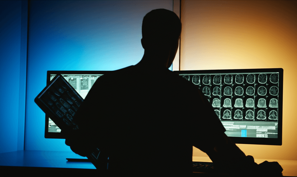 Medical professional reviewing diagnostic imaging on a monitor